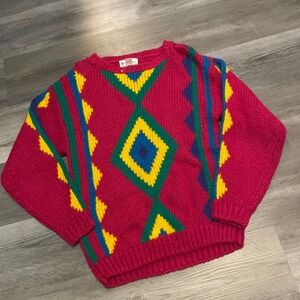 Naomi Bee Vintage 80s Chunky Knit Geometric Diamond Sweater Pink Green Small